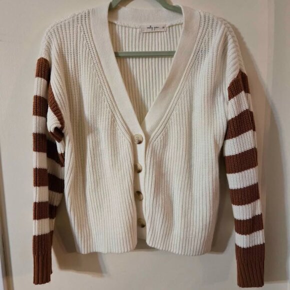 Molly Green Size S/M White Cardigan Sweater with Brown/White Striped Sleeves - Picture 1 of 7